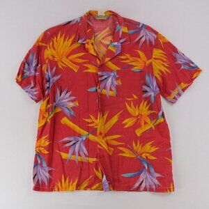 Mens Hawaiian Shirt Large Red Short Sleeve Cotton Vintage Fast Breakers Camp